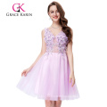 Grace Karin sem mangas V-Neck Tulle Netting Pink Short Prom Dress GK001008-1